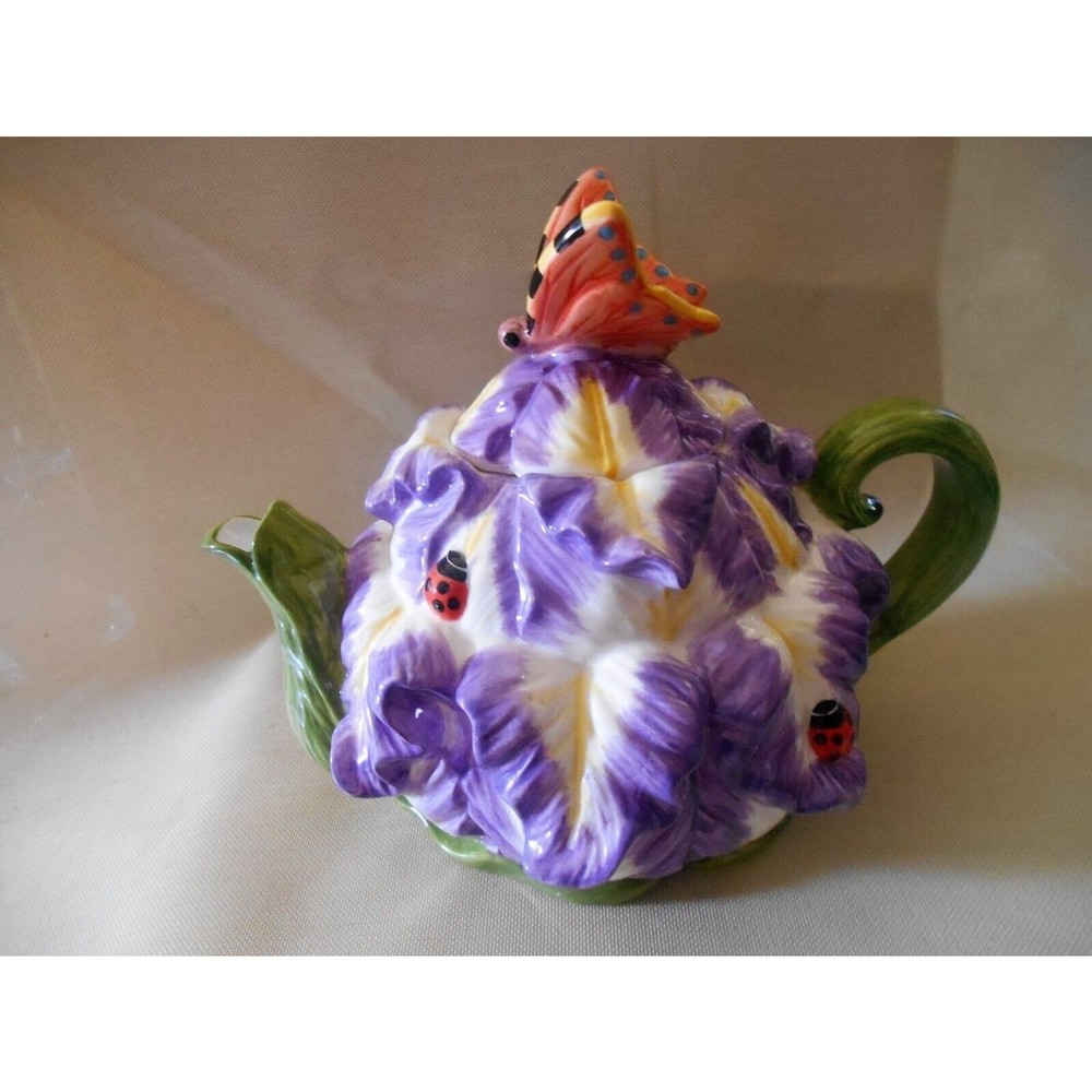 Violet Iris Blossom Shaped Teapot with Butterfly Lid and Ladybug Decoration